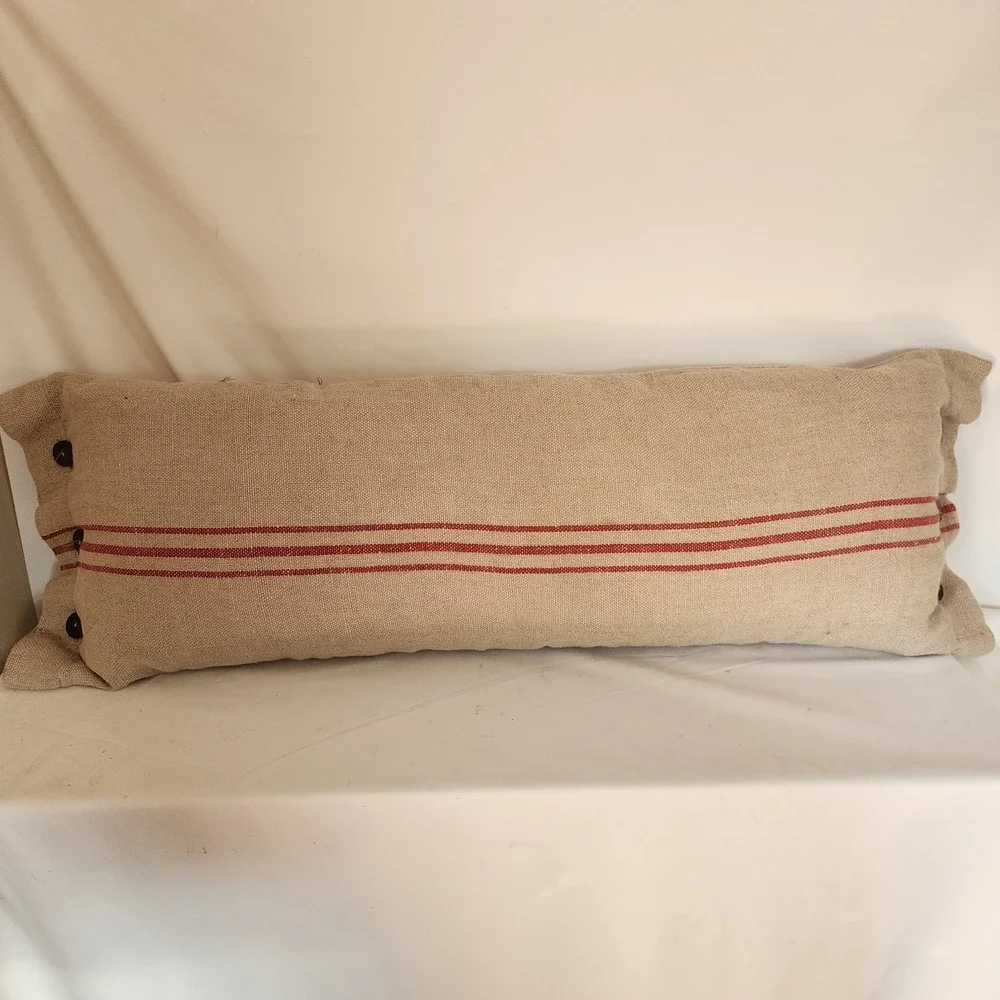 POTTERY BARN RED STRIPE LINEN HEMP FRENCH GRAIN SACK BUTTON PILLOW  16x26